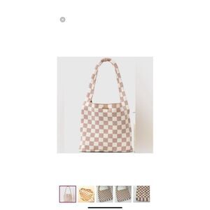 NWT Kopari Limited Edition Checkered Knit Blue Tan Cream Tote Bag 11” x 14”